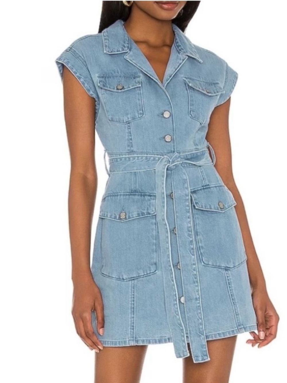 Boyish Faded Blue Denim Mini Dress with Tie Waist